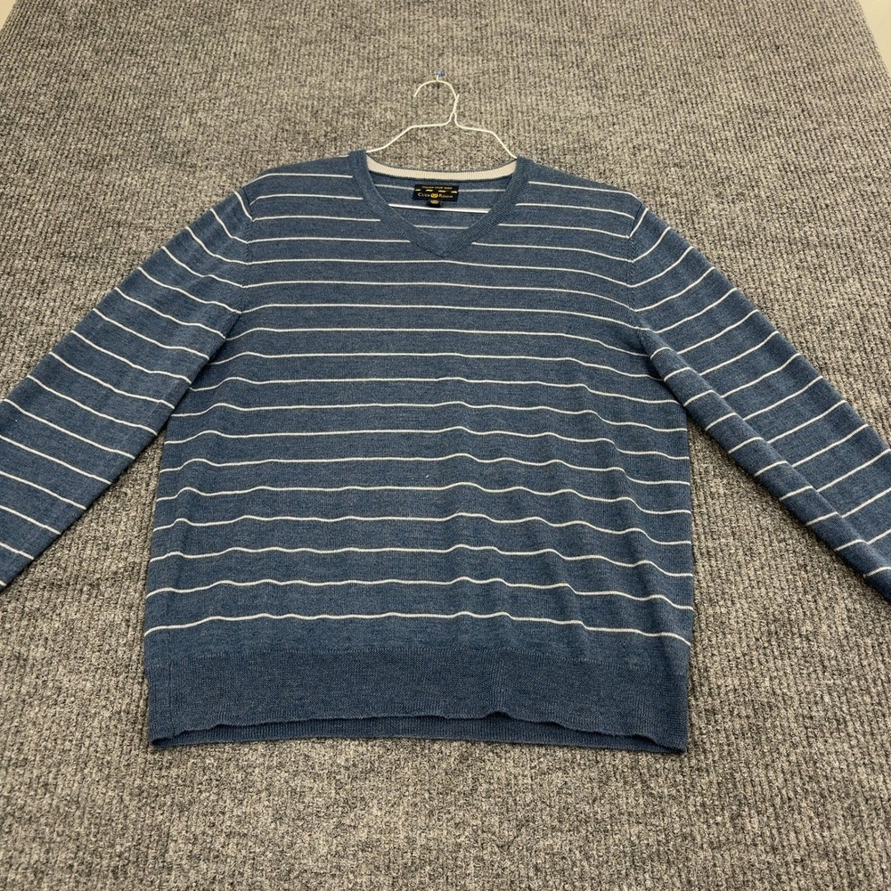 Club Room Sweater Mens M‎ Blue Merino Wool Striped V-Neck Classic Casual